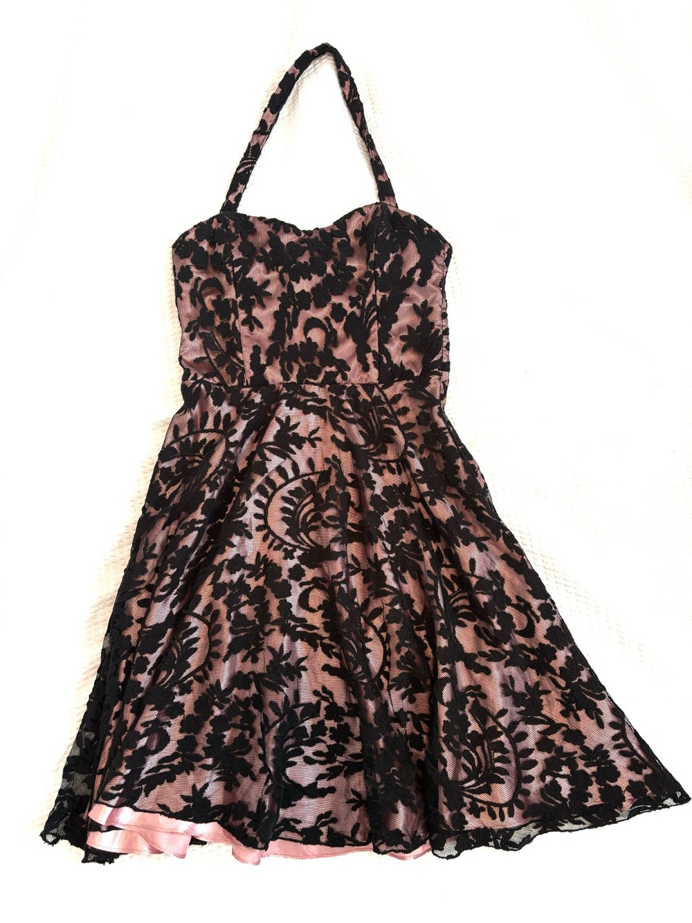 Vintage Betsey Johnson Pink & Black Lace Halter Mini Dress - 2